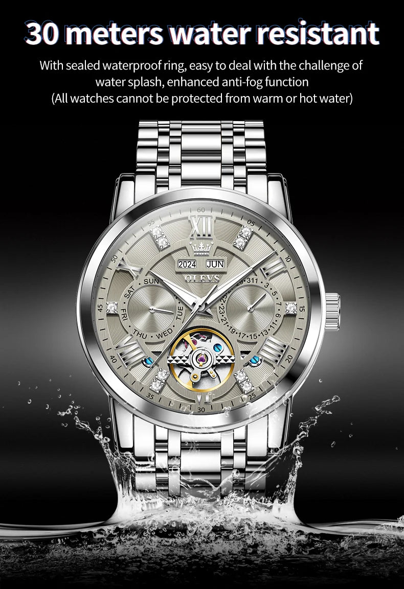 OLEVS 6701 Men's Watch Luxury Waterproof Auto Date Mechanical Watch For Men Hollow Skeleton Diamond Wristwatch Luminous Clock