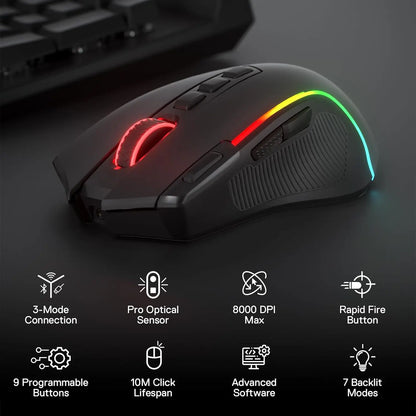 Herní myš Redragon M612 PRO BT & 2.4RGB, optická hráčská myš 8000 DPI kabelová/bezdrátová, 11 programovatelných tlačítek a 6 režimů podsvícení