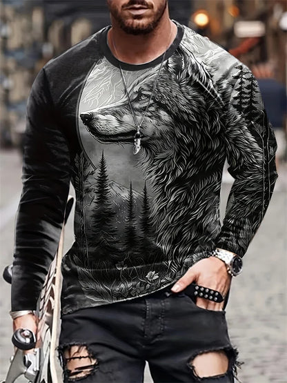T-shirt de manga comprida para homem com novo estampado de lobo 2024, camisa casual diária de primavera e outono, moda streetwear masculina