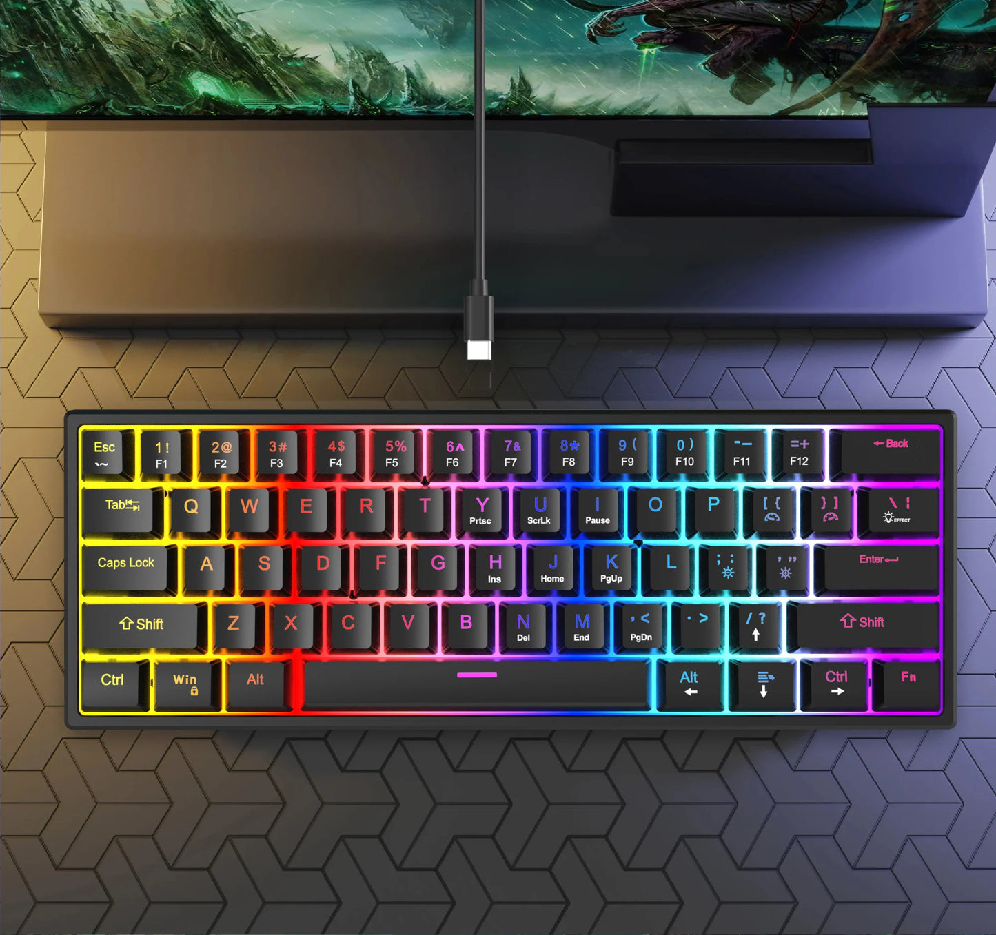 Teclado Gaming com Fio de 104 Teclas com Sensação Mecânica para Portátil e PC, Ergonómico, Retroiluminado RGB, 61 Teclas, Switches Cyan e Keycaps