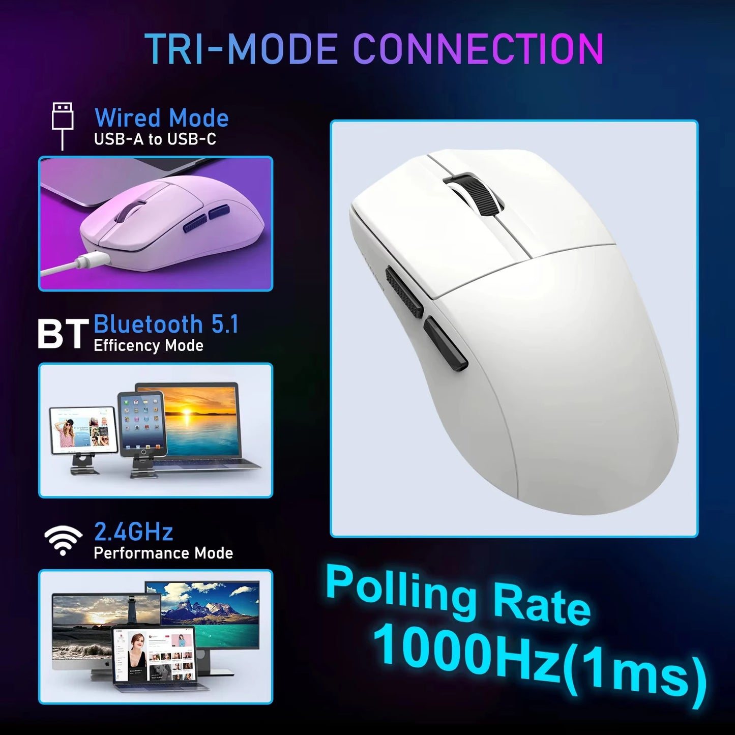 Ratón portátil ultraligero E-YOOSO con cable, ratón trimodo 2.4G /BT/USB-C recargable para ordenador portátil/PC/Mac
