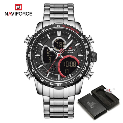 NAVIFORCE Herren-Sportuhr – Originelle Luxus-Armbanduhr aus Edelstahl, wasserdichtes Militärmodell mit doppelter Anzeige
