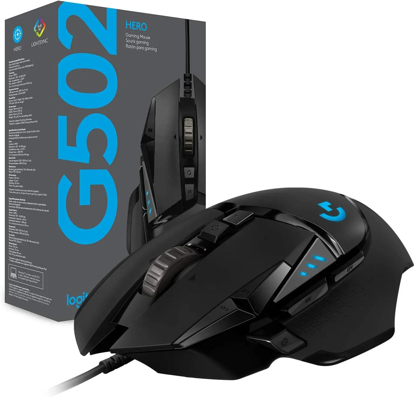 Logitech G502 HERO nagy teljesítményű vezetékes gamer egér HERO 25K érzékelővel, 25,600 DPI, RGB, állítható súlyok, 11 gomb, PC/Mac egér