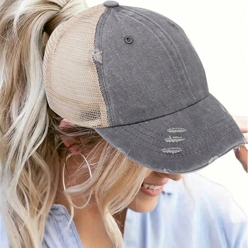 1pc Vintage Ponytail Mesh Baseball Cap,Adjustable Outdoor Sun Protection Washed Distress Trucker Hat,Suitable for Spring/Autumn