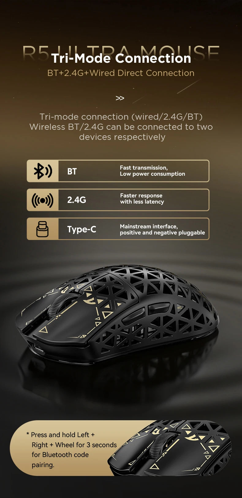 ATTACK SHARK R5 Ultra Carbon Fiber trådløs gamingmus, PixArt PAW3950MAX gamingsensor, 42000DPI, 8000Hz, MCU Nordic 52840