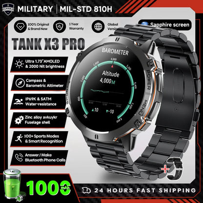 2026 Novo Smartwatch Militar TANK X3 para Homem, Bateria 1000mAh, 10ATM À Prova de Água para Natação, Percurso GPS, Ecrã AMOLED HD de 1.75", Chamadas e Desporto