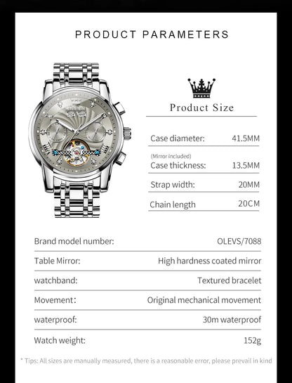 OLEVS 7088 Men Watch Luxury Brand Waterproof Skeleton Automatic Watch HD Fashion Business Men Mechanical Watch Reloj Hombre