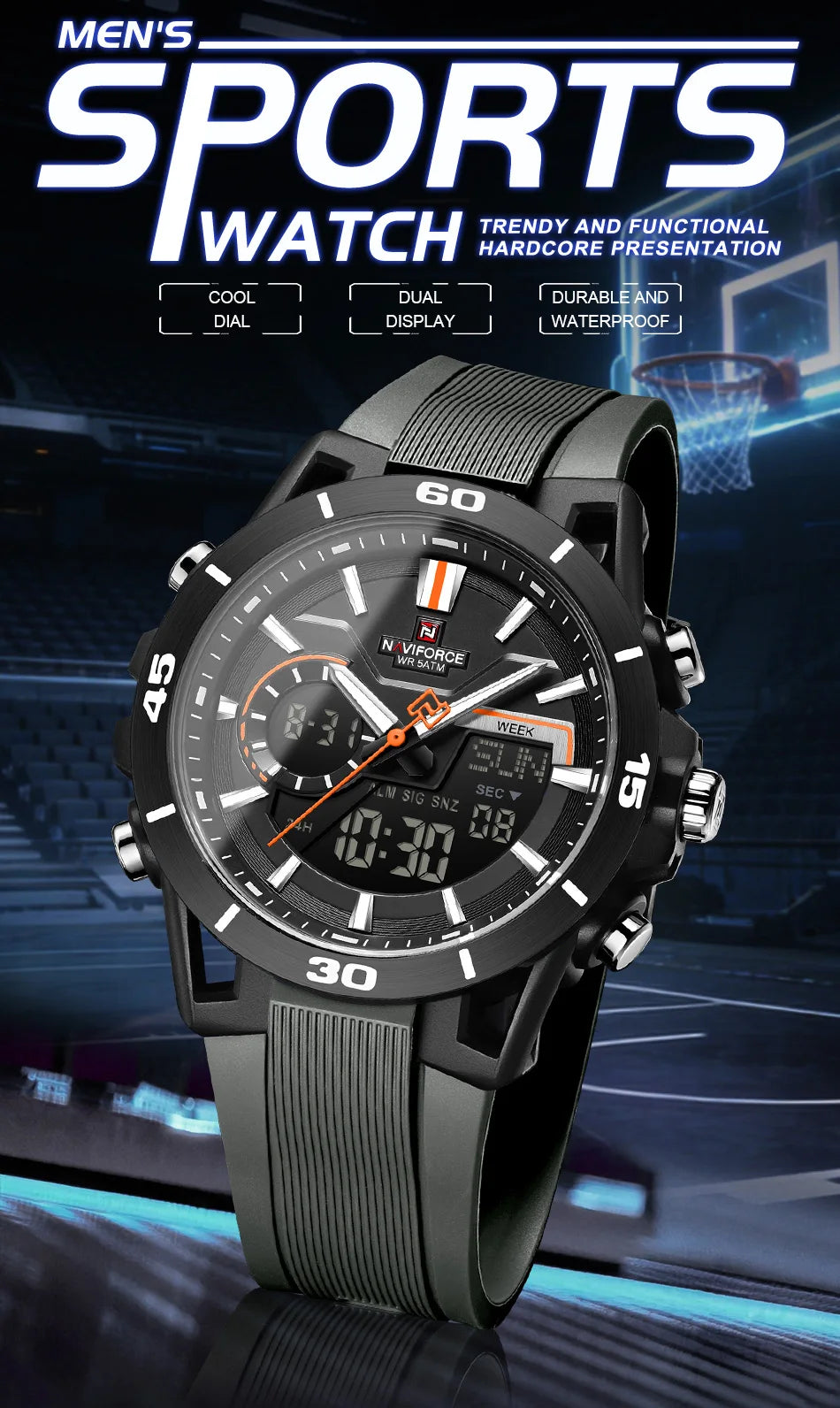 NAVIFORCE Men's Watch Dual Display 50M Waterproof Countdown Chronograph Alarm Clock Male Fashionable Sports Wristwatch NF7135