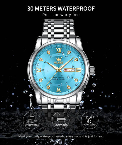 OLEVS Top Original Men Quartz Watch Blue Waterproof Watch for Men Stainless Steel Quartz Men Luxury Watch Luminous Wristwatch