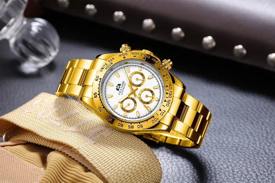 Automatic Mens Watch Self Wind Mechanical Gold Stainless Steel Glacier Ice Blue Dial Chestnut Brown Bezel Luminous Men Watches