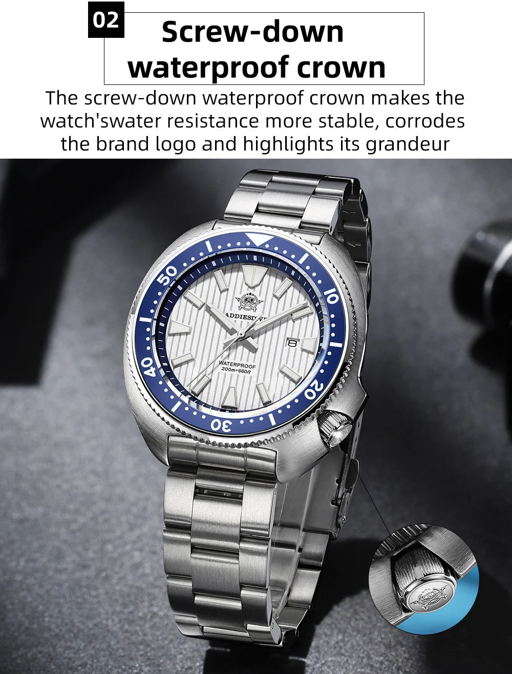 ADDIESDIVE Men's Diving Watch 200 Waterproof Sapphire Glass Quartz Watch BGW9 Luminous Stainless Steel Business Fashion Watch
