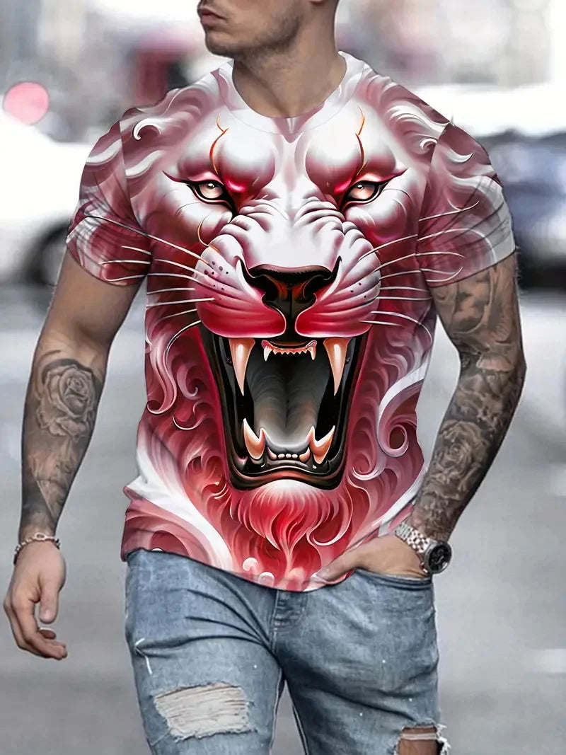 3D Plus Size Men's Lion Print T-shirt Summer Short Sleeve Crew Neck Tees Shirts For Men New In Animal Lion Graphic Tshirts Tops