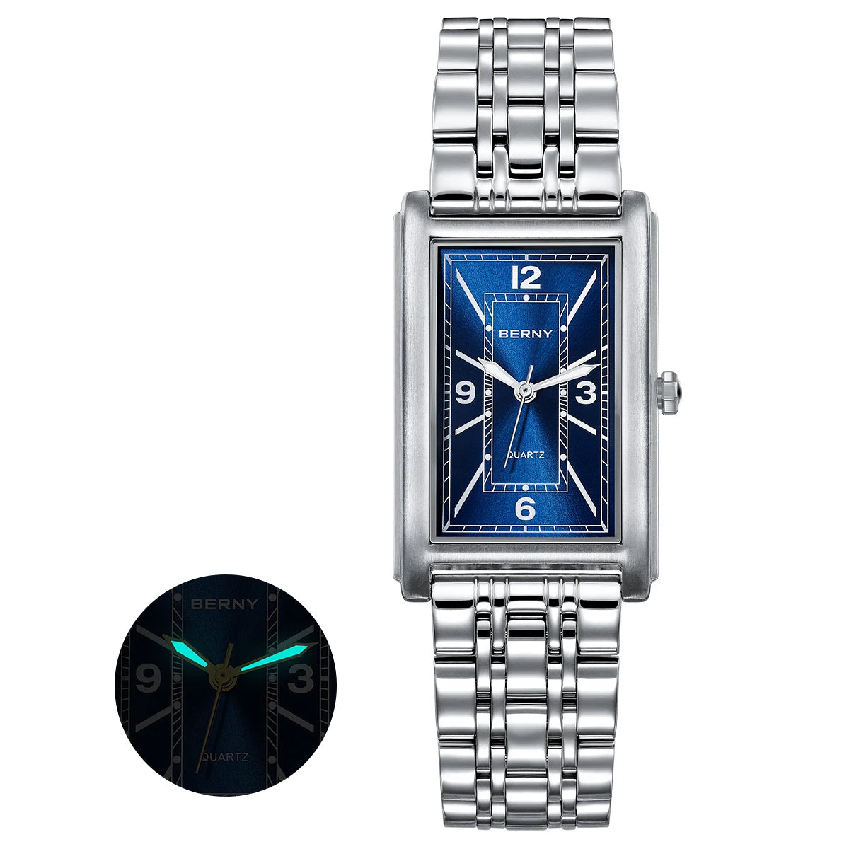 BERNY square men’s watch – Quartz movement, Roman numeral dial, luminescent display, 316L stainless steel case – An elegant and casual rectangular watch