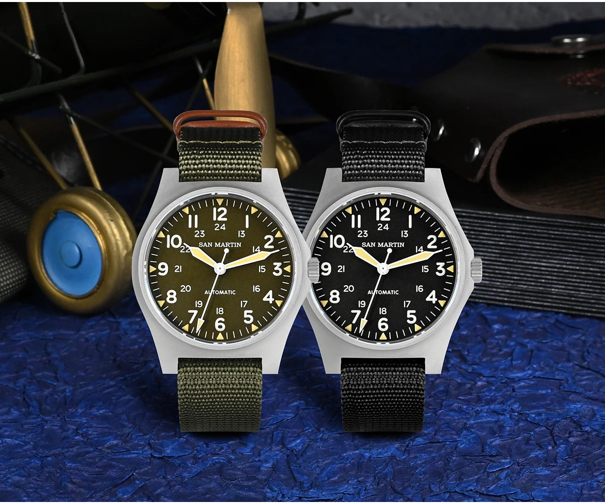San Martin Pilot Watch 38mm NH35 Retro Military Automatic Mechanical Wristwatch Bead Blasted Case Waterproof 100m SN0137