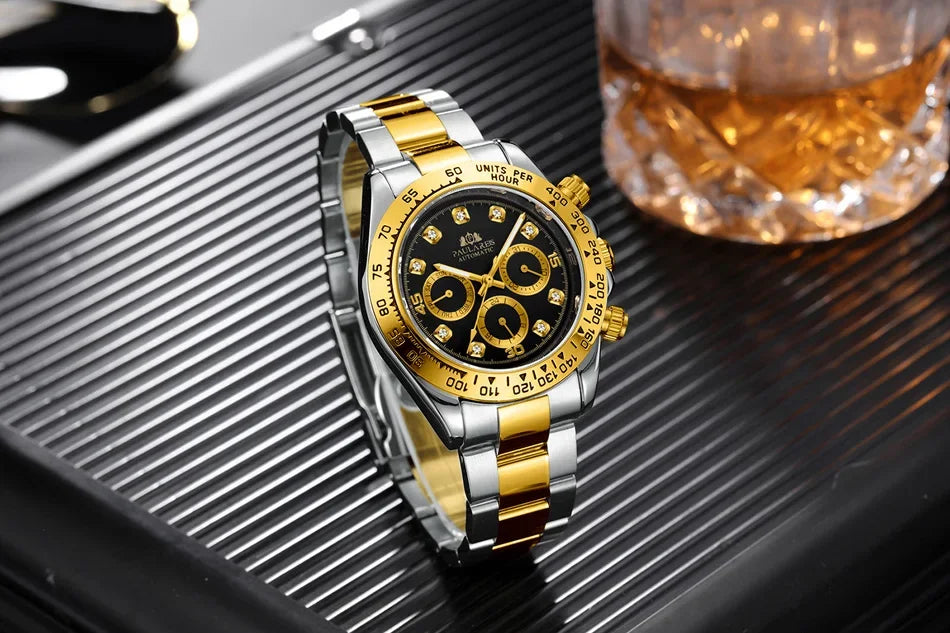 Automatic Mens Watch Mechanical Self Wind Movement Gold Black Stainless Steel Diamonds Stone Sports Luxury Fashion Watches