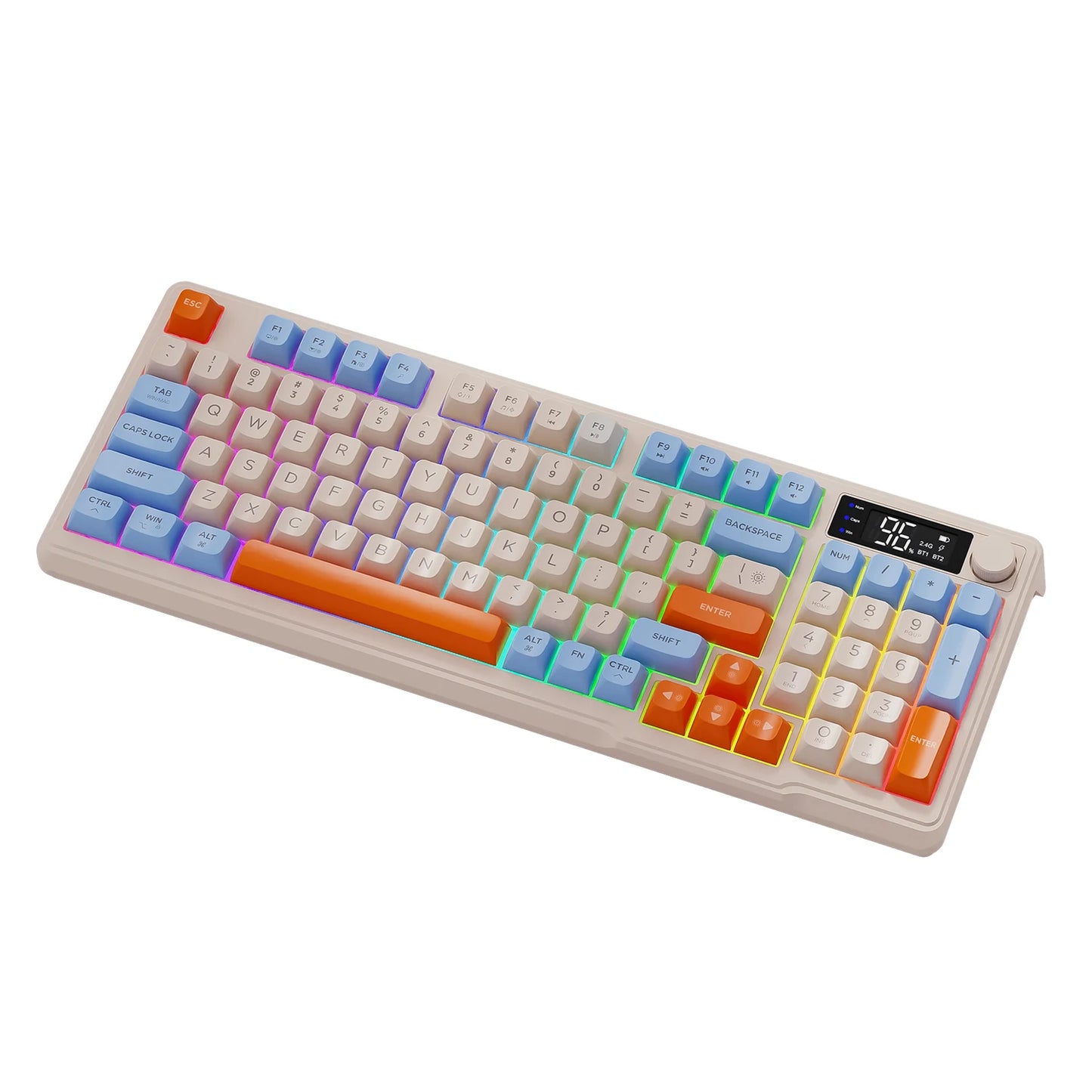 Teclado Sem Fios Bluetooth M96 FREEWOLF com Ecrã Digital, Retroiluminação RGB, Bateria de 2000mAh e Teclas PBT para PC/Portátil