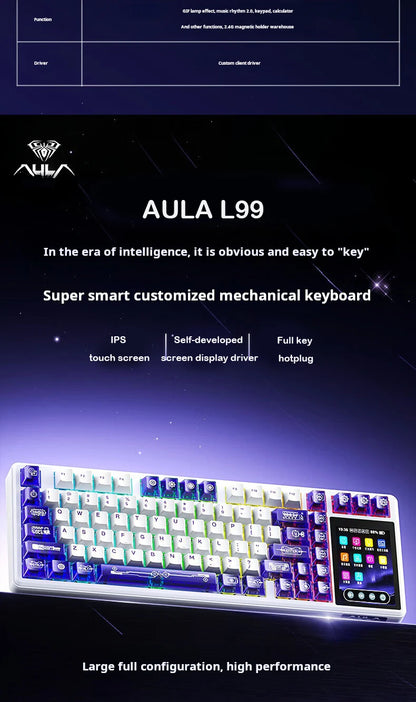 Tastiera meccanica AULA L99 con schermo intelligente, Bluetooth wireless tri-mode, per gaming notturno e laptop, 8000mAh, switch Raindrop