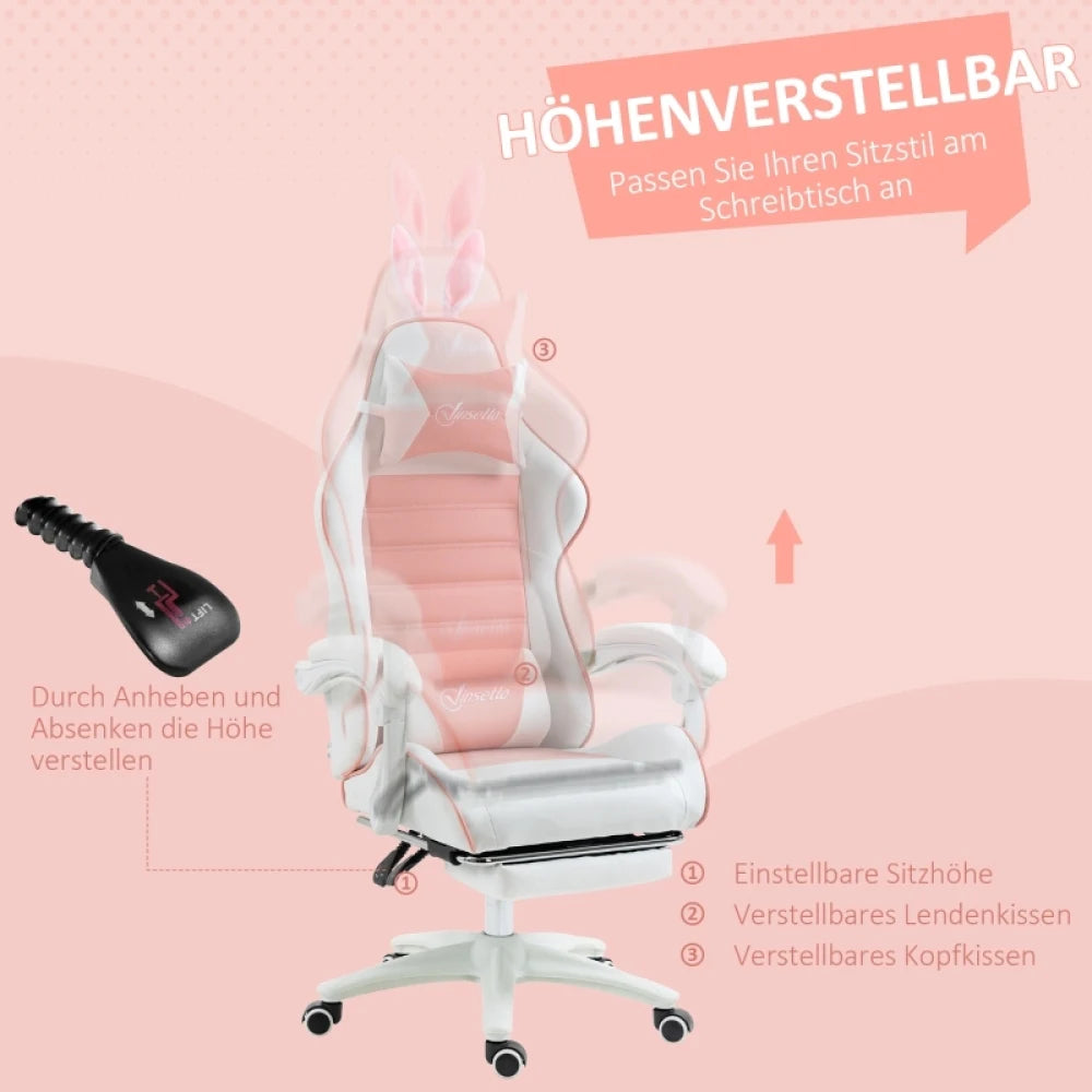 Ergonomic Gaming Chair, Reclinable Gamer Chair 135°, Footrest, Lumbar Cushion and Headrest, Adjustable Height, Pink