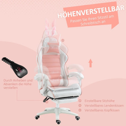 Ergonomic Gaming Chair, Reclinable Gamer Chair 135°, Footrest, Lumbar Cushion and Headrest, Adjustable Height, Pink
