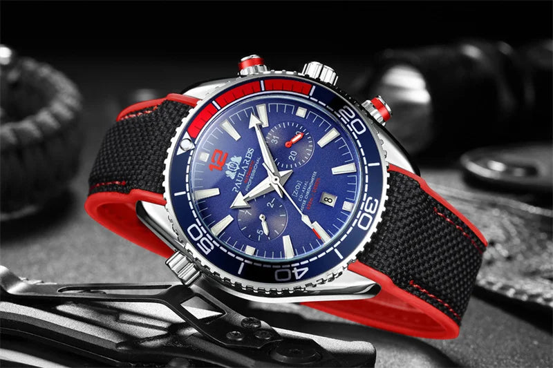 PAULAREIS P Relógio mecânico automático de luxo para homem com corda automática, bracelete em borracha, impermeável, luminoso, com data, relógio de moda masculino