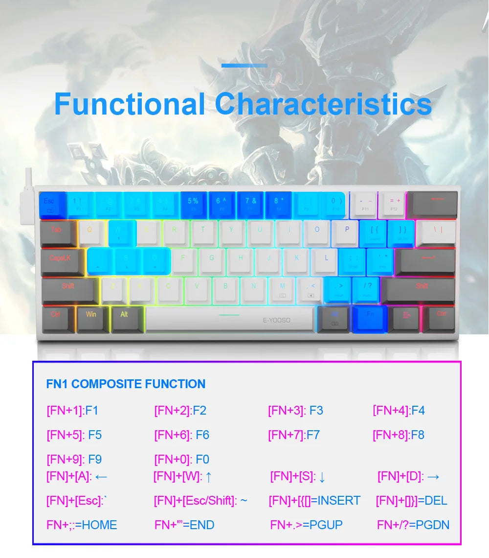 E-YOOSO Z11 RGB USB 60% Mini Mechanical Gaming Keyboard Blue Red Switch 61 Keys Wired Detachable Cable, Portable for Travel PC