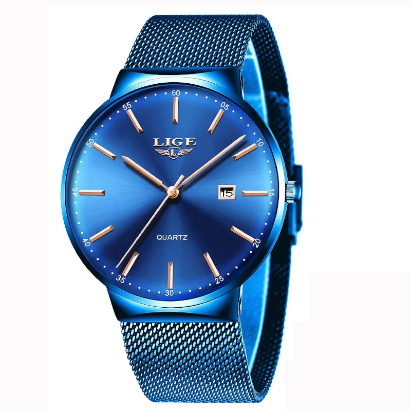 LIGE herenhorloge, elegant en luxueus model, ultradun, waterdicht, met een maasband, quartz-uurwerk, datum- en kalenderweergave – ideaal voor een professionele stijl.