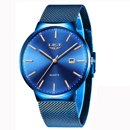 LIGE herenhorloge, elegant en luxueus model, ultradun, waterdicht, met een maasband, quartz-uurwerk, datum- en kalenderweergave – ideaal voor een professionele stijl.