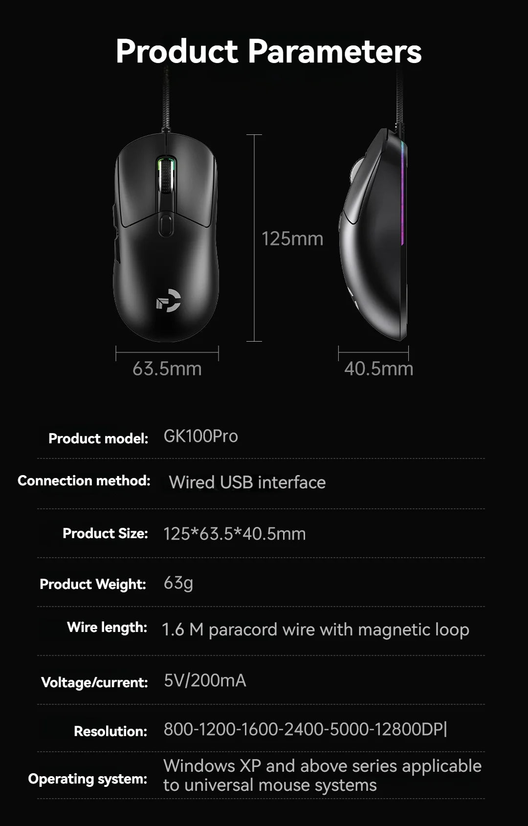 Langallinen pelihiiri, 6 DPI-tasoa, säädettävissä jopa 12800DPI:hin, Instant A825 -siru, RGB-makro-ohjelmointi, ergonominen muotoilu, universaali hiiri