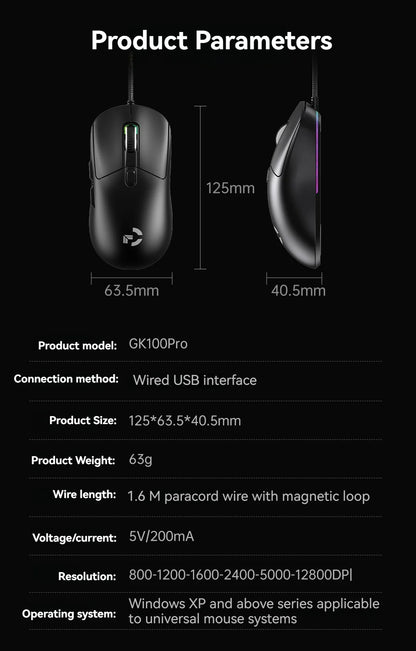 Langallinen pelihiiri, 6 DPI-tasoa, säädettävissä jopa 12800DPI:hin, Instant A825 -siru, RGB-makro-ohjelmointi, ergonominen muotoilu, universaali hiiri
