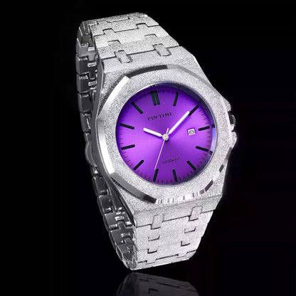 PINTIME 3185 Unisex Quartz Watch  Purple Dial, Glitter Textured Case, Date Display & 3 Bar Water Resistant