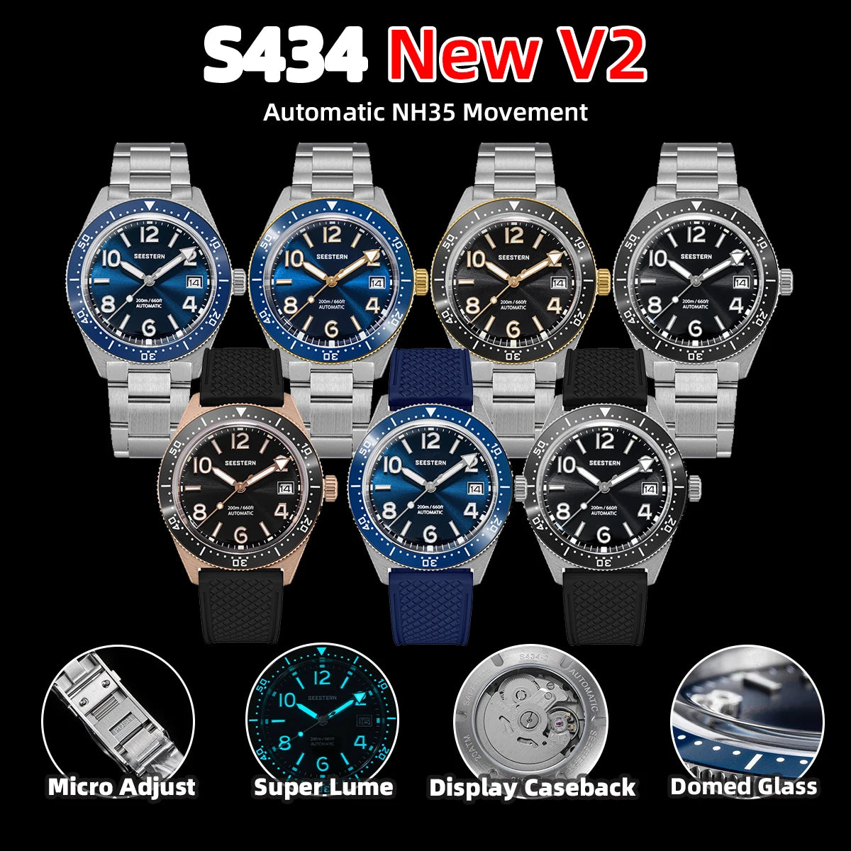SEESTERN Diver Men Watch Automatic Mechanical Wristwatches NH35 Movement Ceramic Bezel 20Bar Waterproof Sapphire Luminou S434-2