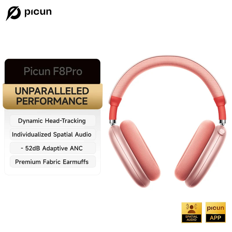 Cuffie wireless Picun F8 Pro ANC con head tracking, audio spaziale 3D, ANC -52dB, headset Bluetooth Hi-Fi, microfono HD ENC, app a bassa latenza