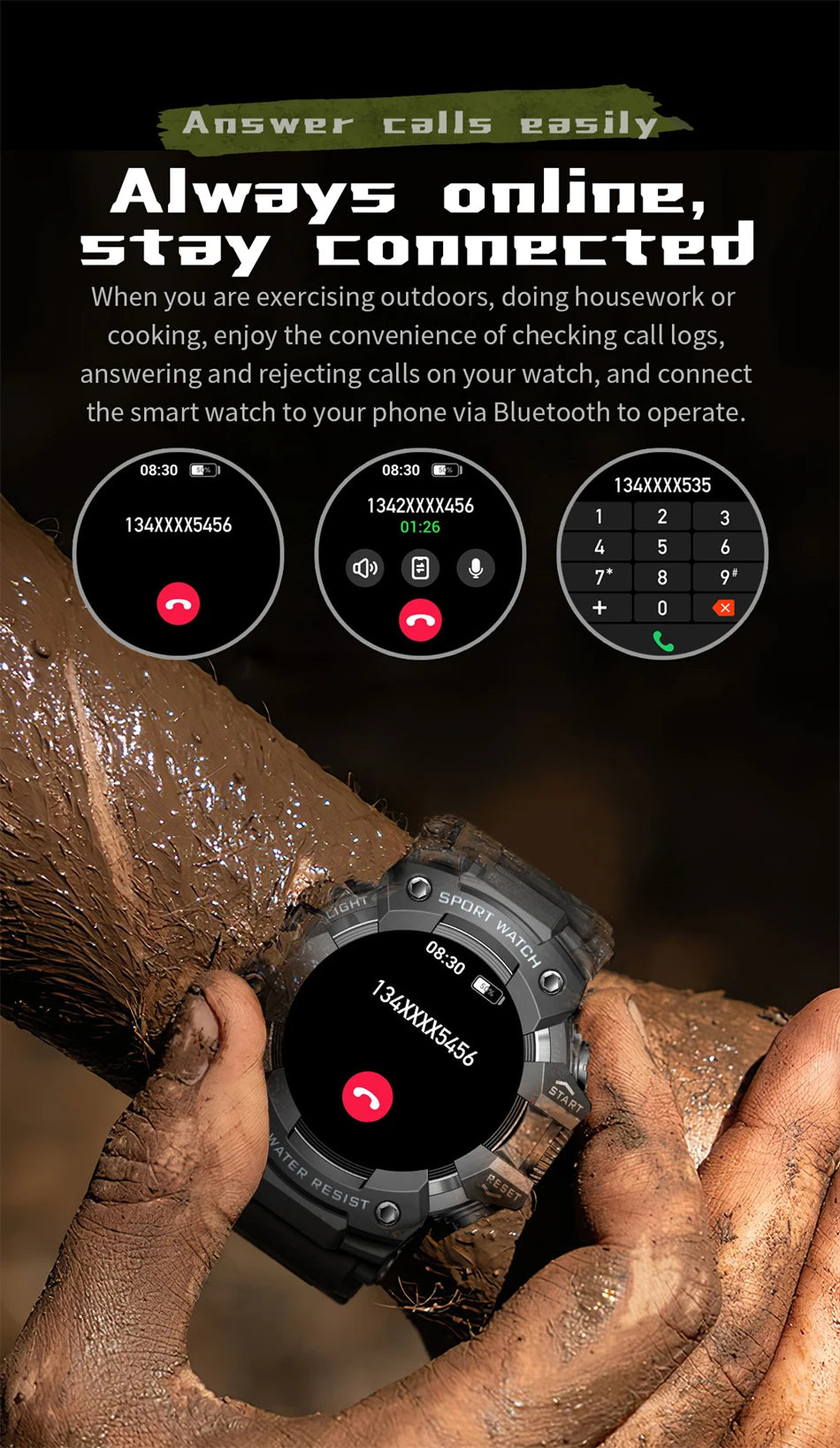 New Military Sports Smart Watch Men 100+ Sports Outdoor Fitness Compass Heart rate BT Call Waterproof Smartwatch For iOS Android