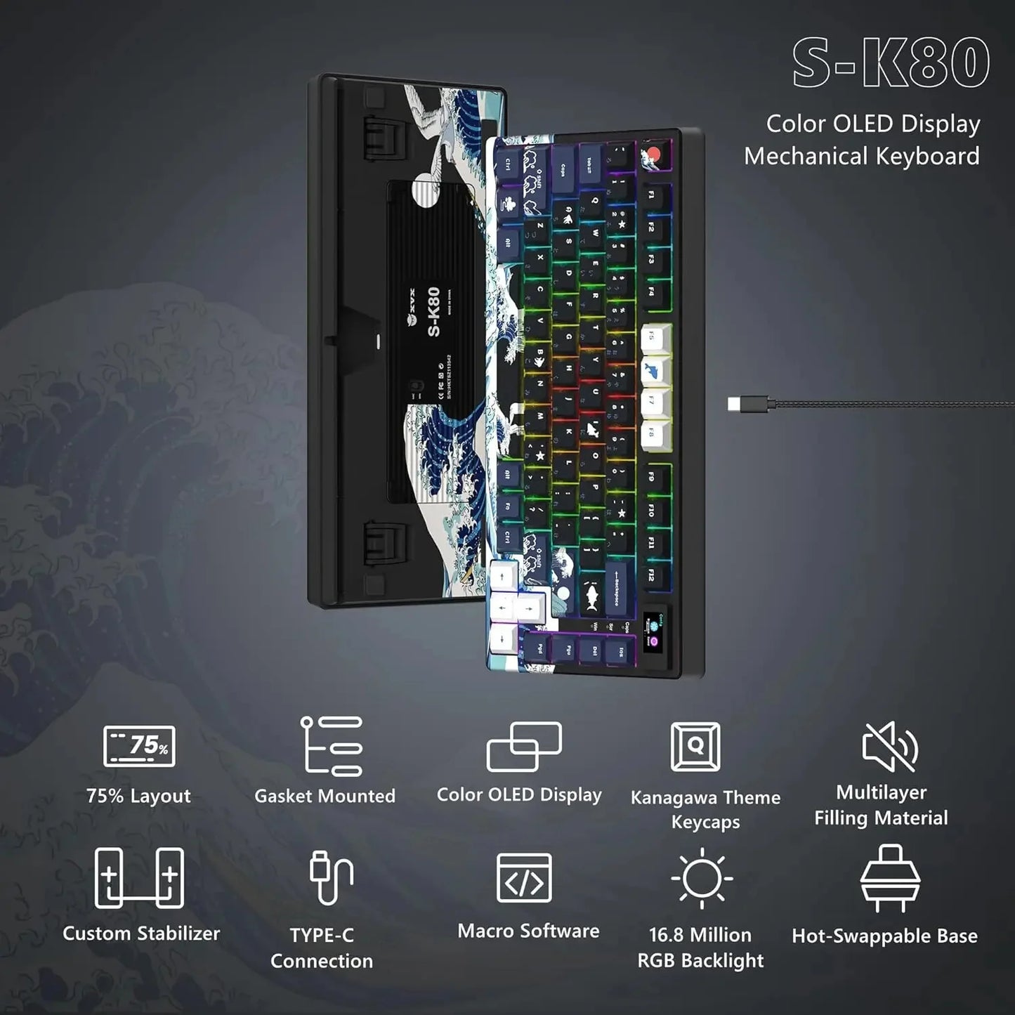 Tastiera gamer Womier S-K80 con display OLED a colori, tastiera meccanica gaming hot-swap con struttura gasket mount, RGB personalizzabile