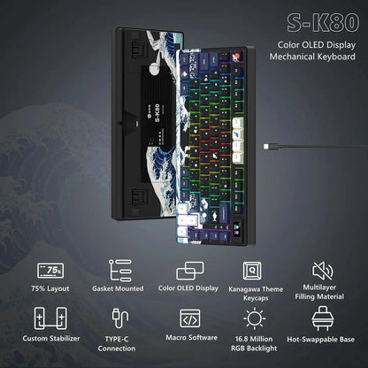 Tastiera gamer Womier S-K80 con display OLED a colori, tastiera meccanica gaming hot-swap con struttura gasket mount, RGB personalizzabile