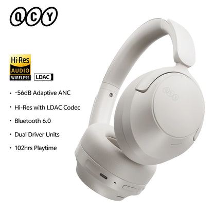 QCY H3S -56dB ANC adaptativo Auscultadores Bluetooth 6.0 circum-aurais – Headset sem fios Hi-Res LDAC, bateria de 102H, som espacial Dual Driver