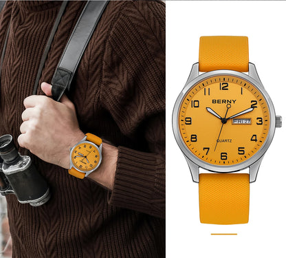 BERNY Men's Watches Luminous Calendar Week Quartz Men Watch Casual Soft Silicone Strap Easy Read Big Dial Sports Wristwatch