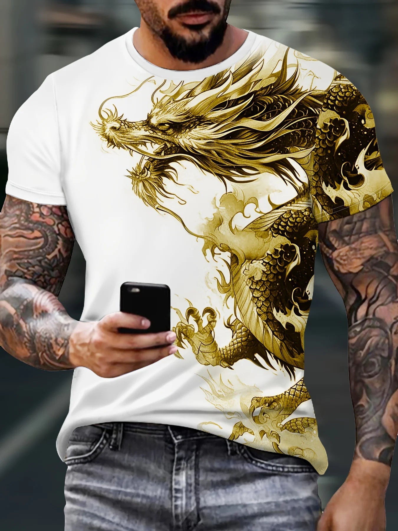 Ανδρικό T-Shirt με Στάμπα Δράκου, Casual Διαπνέον Ύφασμα, Graphic Tee Street Style, Μπλούζα Εξωτερικού Χώρου με Κοντά Μανίκια, Ανδρικά T-Shirts