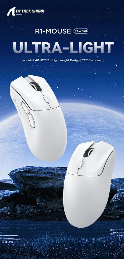 ATTACK SHARK R1 59g ultralätt mus med PAW3311, 18000DPI, 400IPS, 40G, 1000Hz, Tri-Mode, Broadcom BK3633 Master, 20 miljoner klick