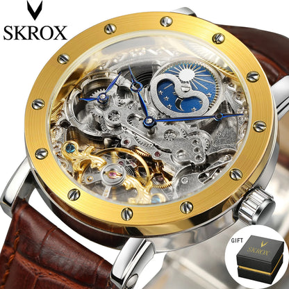 SKROX automata mechanikus férfi karóra, szkeleton modell GMT funkcióval, holdfázis-kijelzővel és tourbillon-nal – Elegáns és eredeti, csúcsminőségű luxusóra.