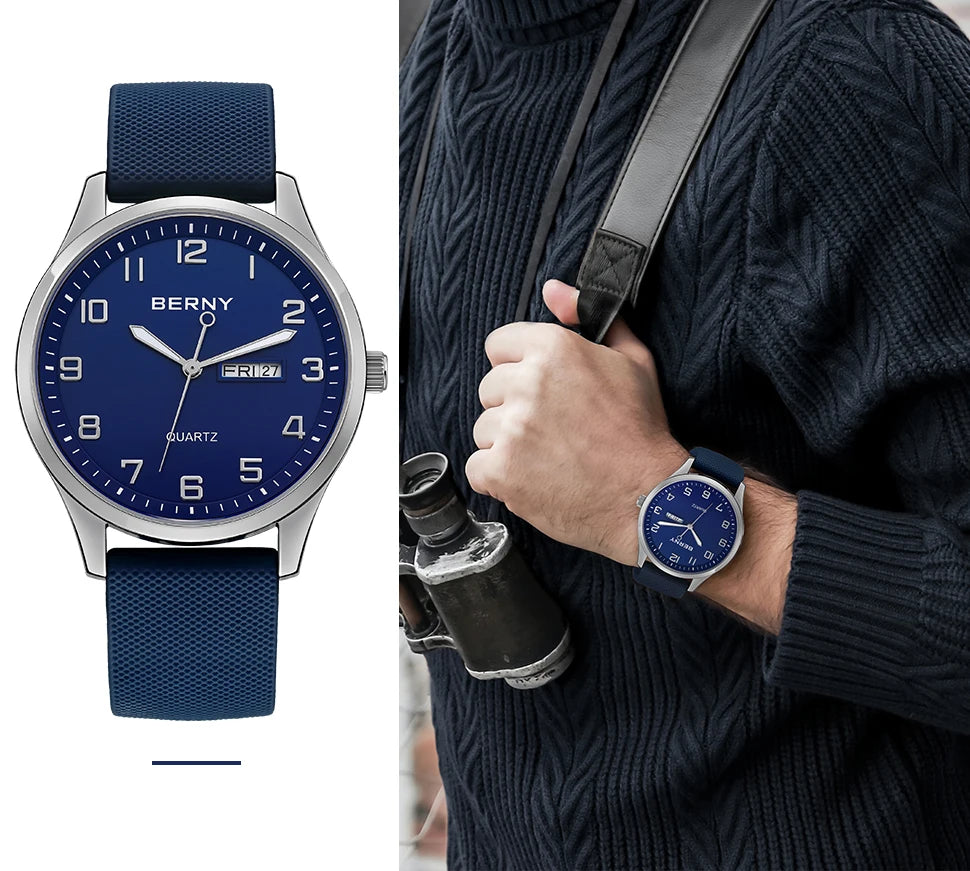 BERNY Men's Watches Luminous Calendar Week Quartz Men Watch Casual Soft Silicone Strap Easy Read Big Dial Sports Wristwatch