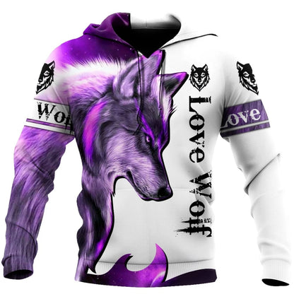 Sweatshirt com Capuz Unissexo de Outono com Estampado 3D Integral de Leão, Lobo e Pele de Tigre Branco para Homem, Pullover Casual Estilo Casaco