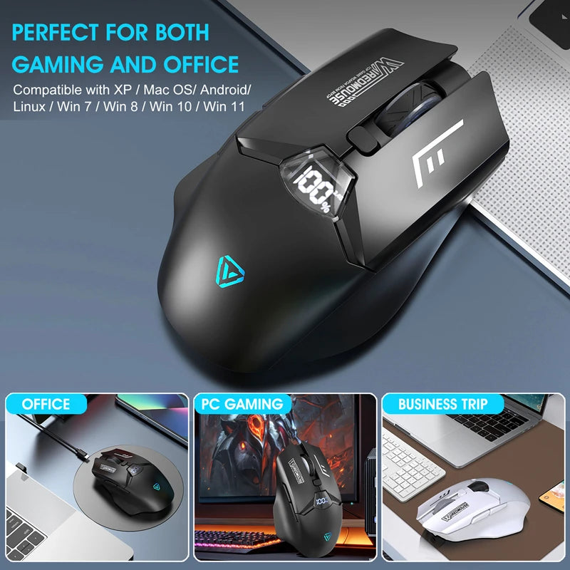 Rato Bluetooth Sem Fios de Modo Duplo com Ecrã Inteligente, Carregamento Silencioso, para Escritório, Gaming e Tablet, Portátil e Universal