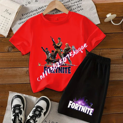 Summer T-shirts 2 pieces Fortnite children's cotton short-sleeved set with cartoon prints, boys' sports shirt, casual top, gift