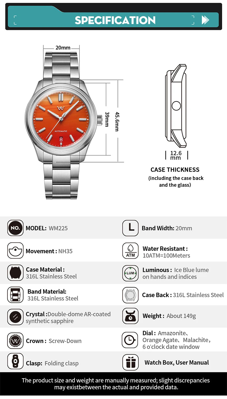WM Watch Automatic Mechanical Watch Gemstone Series NH35 100M Water Resistant AR Coated Sapphire Welly Merck Man Watches WM225
