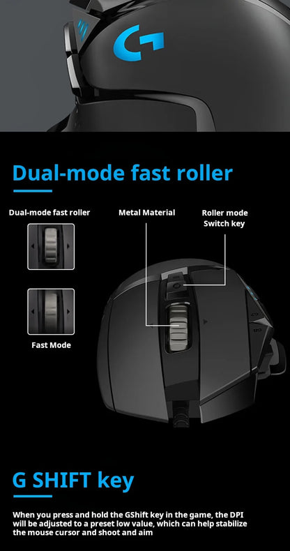 Logitech G502 HERO nagy teljesítményű vezetékes gamer egér HERO 25K érzékelővel, 25,600 DPI, RGB, állítható súlyok, 11 gomb, PC/Mac egér