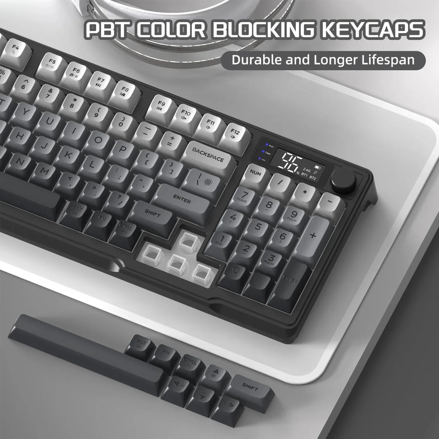 FREEWOLF M96 Wireless Keyboard Knob Control BT/2.4g/Wired, RGB LED Backlight Display, PBT Keycap, 3000mA Battery for PC/Laptop