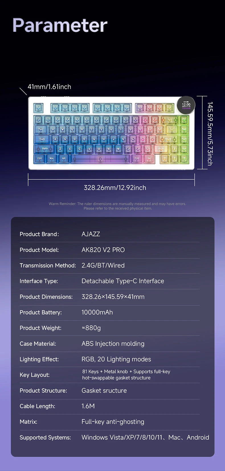 AJAZZ AK820 V2 / AK820 V2 Pro Gaming Mechanical Keyboard 75% ABS 82 Keys 10000mAh Wireless Tri-mode Gamer Keyboard for Laptop PC