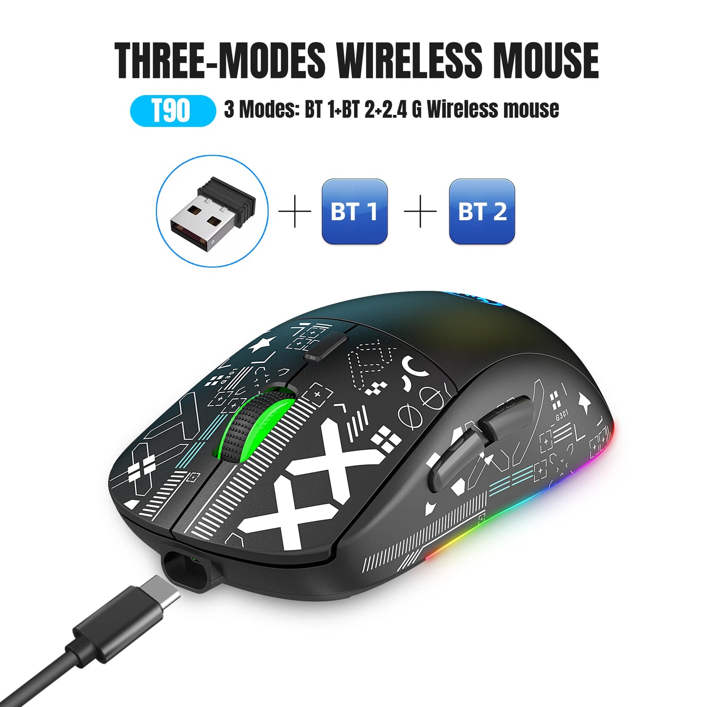 3 režimų „Bluetooth“ žaidimų pelė, įkraunama, 2.4G USB belaidė RGB apšvietimo pelė, skirta „iPad“, planšetiniam kompiuteriui, nešiojamajam kompiuteriui ir kompiuteriui