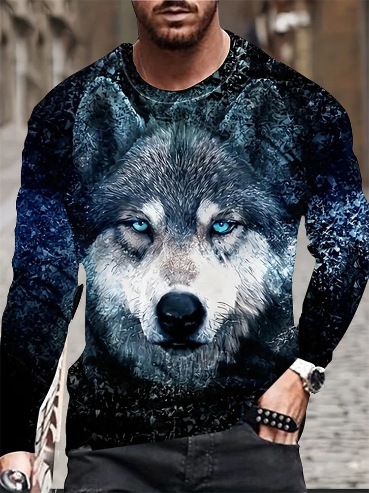 T-shirt de manga comprida para homem com novo estampado de lobo 2024, camisa casual diária de primavera e outono, moda streetwear masculina